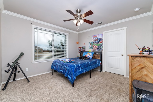 1335 Reece Rd, San Angelo, TX 76904 - bedroom featuring ornamental molding, baseboards, light colored carpet, and ceiling fan