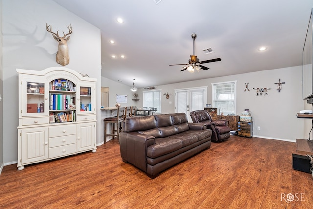 1335 Reece Rd, San Angelo, TX 76904 - living area featuring a ceiling fan, wood finished floors, lofted ceiling, recessed lighting, and baseboards