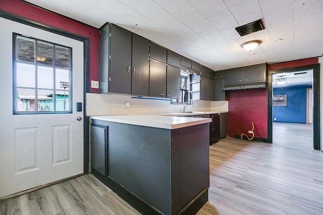 512 Ave J, Ozona, TX 76943 - kitchen with visible vents, light countertops, light wood-style flooring, a peninsula, and a sink