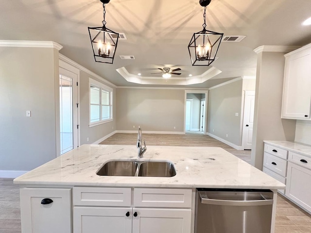 kitchen featuring white cabinetry, crown molding, dishwasher, and sink