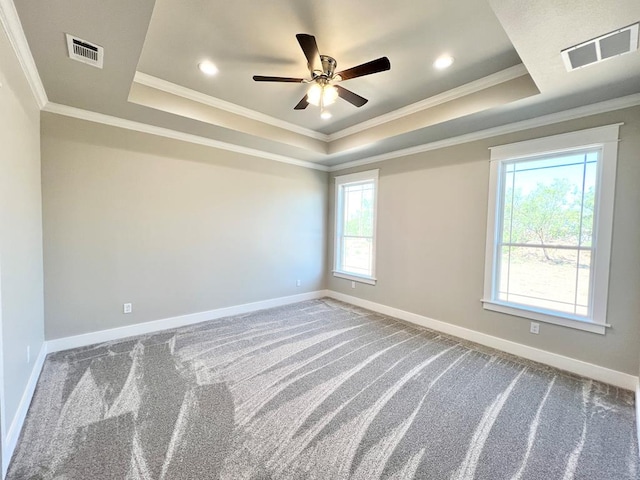 spare room with crown molding, a tray ceiling, and carpet flooring