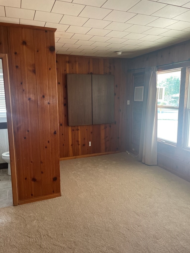 interior space featuring light colored carpet and wooden walls