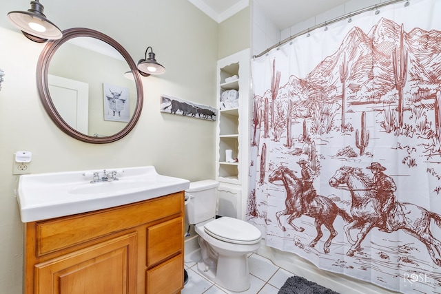 bathroom featuring tile patterned flooring, vanity, ornamental molding, toilet, and walk in shower