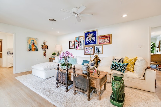 2121 Sul Ross St, San Angelo, TX 76904 - living room with light wood-type flooring, ceiling fan, recessed lighting, and baseboards