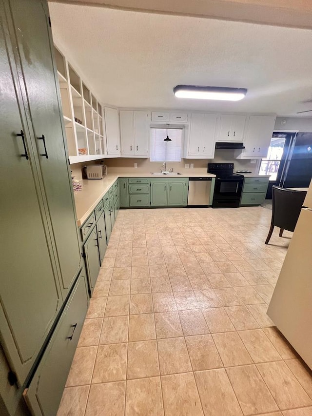 kitchen featuring sink, dishwasher, black electric range, green cabinetry, and white cabinets