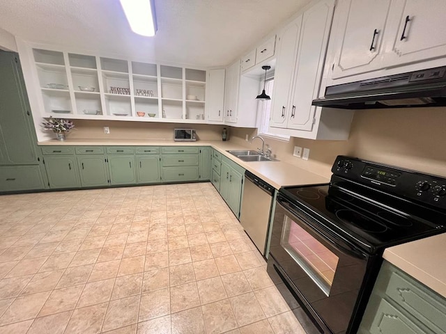 kitchen featuring black electric range oven, sink, white cabinetry, green cabinetry, and dishwasher