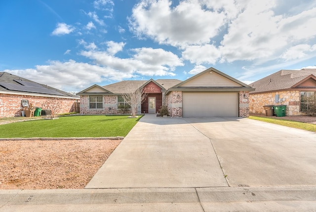 view of front facade with an attached garage, a front yard, concrete driveway, and brick siding