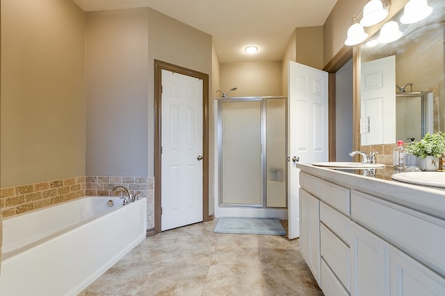 full bath featuring a bath, a stall shower, and vanity