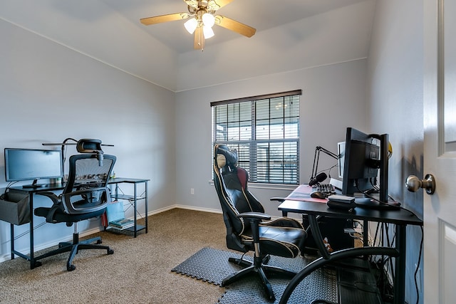 office area with ceiling fan, carpet, and baseboards