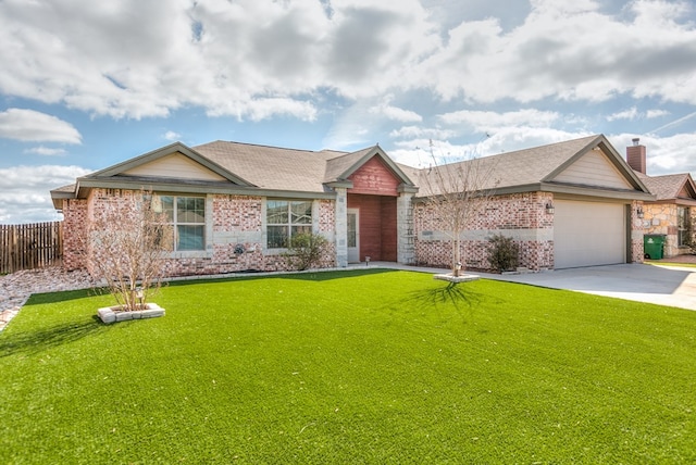 ranch-style home featuring driveway, an attached garage, fence, and a front yard