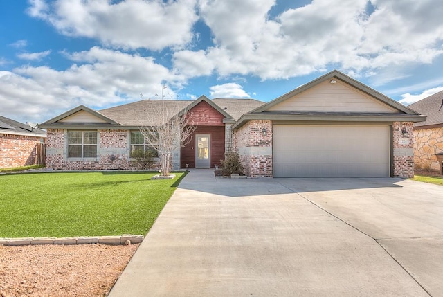 ranch-style house with a garage, driveway, brick siding, and a front yard