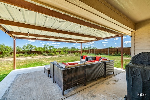 view of patio with a fenced backyard and outdoor lounge area