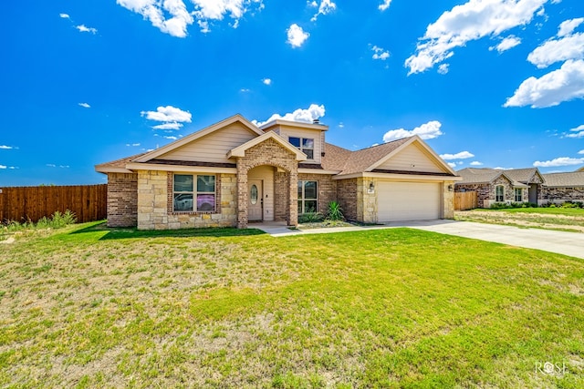 ranch-style house featuring brick siding, a front lawn, fence, concrete driveway, and a garage