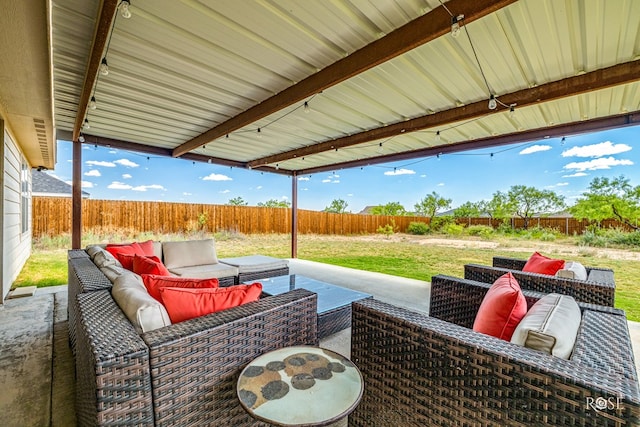 view of patio / terrace featuring outdoor lounge area and a fenced backyard