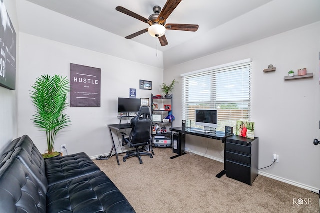 office space featuring baseboards, carpet, and a ceiling fan