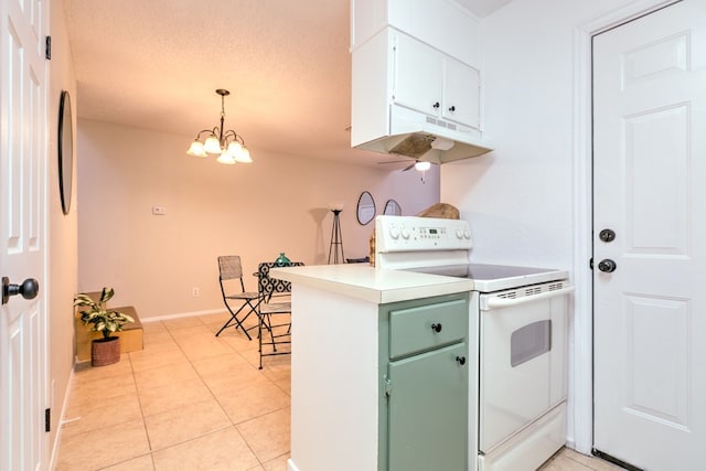 kitchen with electric range, an inviting chandelier, green cabinets, and light tile patterned floors