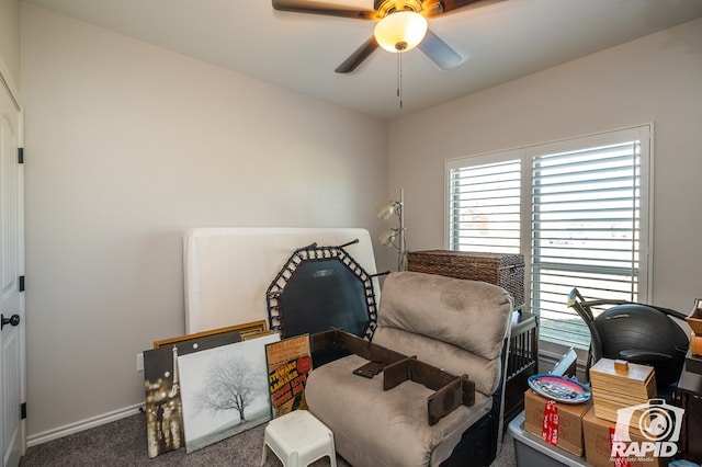 bedroom with dark carpet and ceiling fan