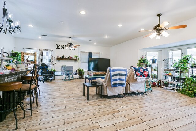 living room featuring ceiling fan