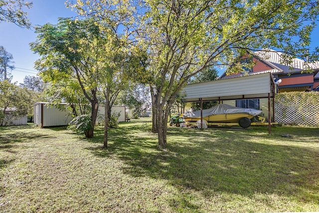 view of yard featuring a storage unit