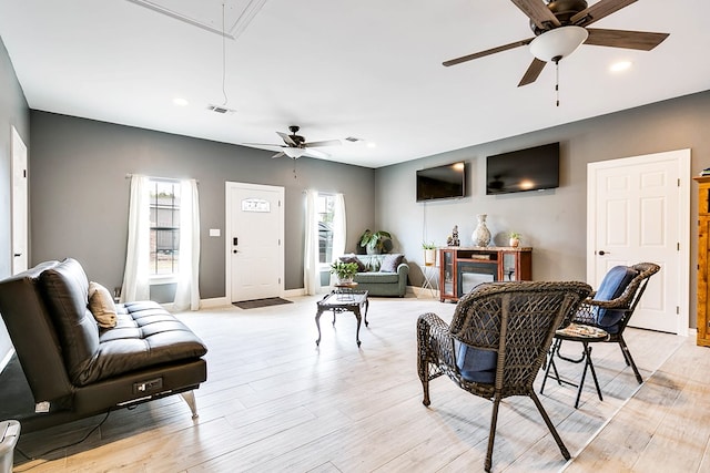 1001 Avondale Ave, San Angelo, TX 76901 - living area with attic access, ceiling fan, light wood-type flooring, baseboards, and recessed lighting