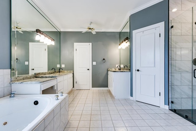 1001 Avondale Ave, San Angelo, TX 76901 - bathroom featuring a ceiling fan, crown molding, a garden tub, a shower stall, and vanity