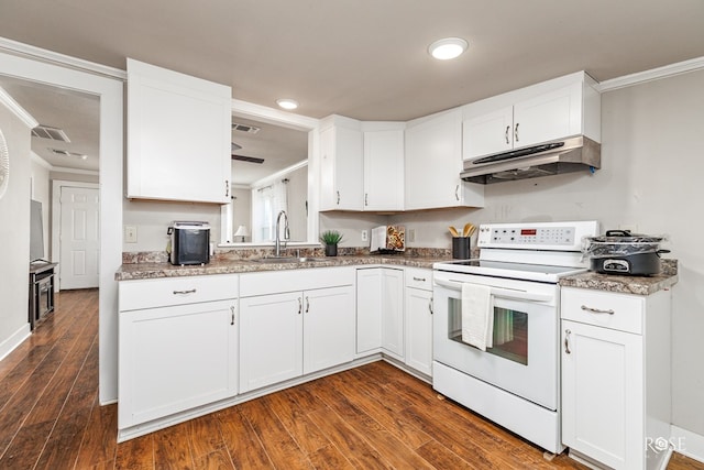 kitchen with white electric stove, a sink, white cabinets, and under cabinet range hood