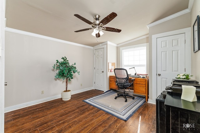 home office featuring dark wood-style flooring, crown molding, baseboards, and ceiling fan