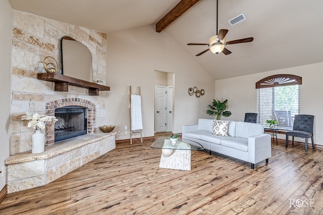 7738 Bison Trl, San Angelo, TX 76901 - living room featuring wood finished floors, beam ceiling, a ceiling fan, high vaulted ceiling, and a fireplace