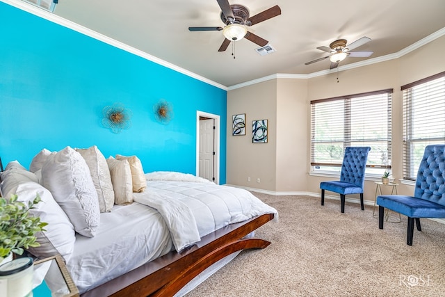 7738 Bison Trl, San Angelo, TX 76901 - bedroom featuring carpet flooring, ornamental molding, baseboards, and ceiling fan