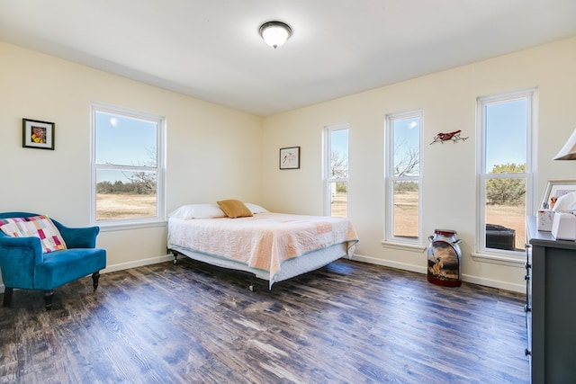 bedroom featuring multiple windows, baseboards, and wood finished floors