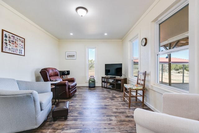 living room with baseboards, recessed lighting, dark wood-type flooring, and crown molding