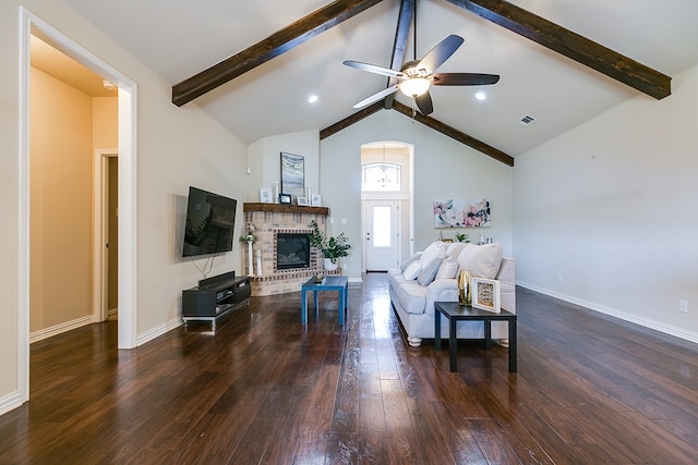 living room with dark wood-style floors, baseboards, visible vents, and beam ceiling