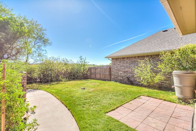 view of yard with a fenced backyard and a patio