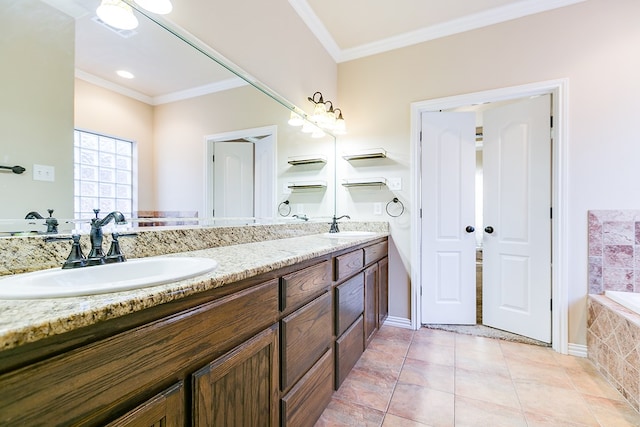 full bathroom featuring double vanity, tile patterned flooring, a sink, and crown molding