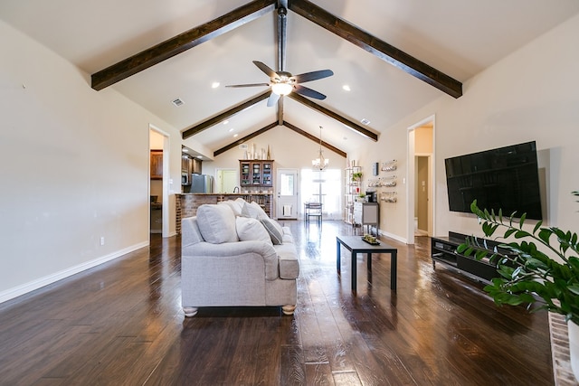 living room with high vaulted ceiling, dark wood-type flooring, and beamed ceiling