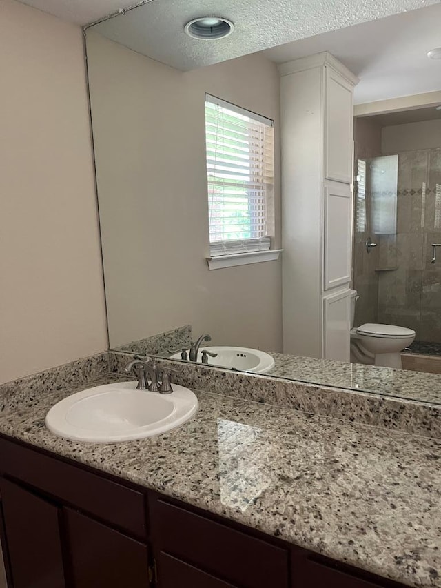 bathroom with vanity, a textured ceiling, a shower with door, and toilet