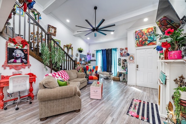 1920 Shady Point Circle Dr, San Angelo, TX 76904 - living room with stairway, ornamental molding, wood finished floors, a ceiling fan, and recessed lighting