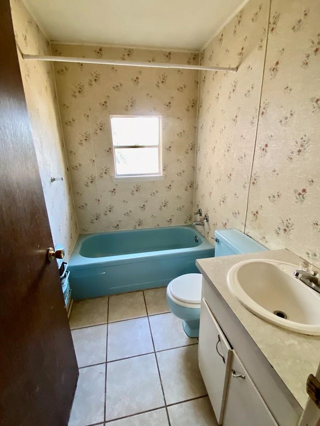 full bathroom featuring tile patterned flooring, vanity, bathtub / shower combination, and toilet