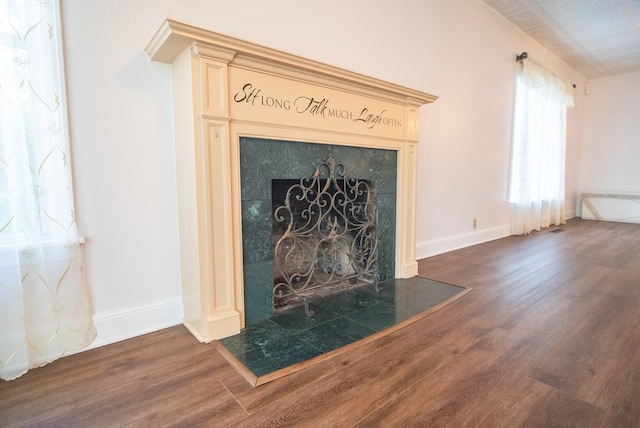 room details with hardwood / wood-style flooring and a tile fireplace