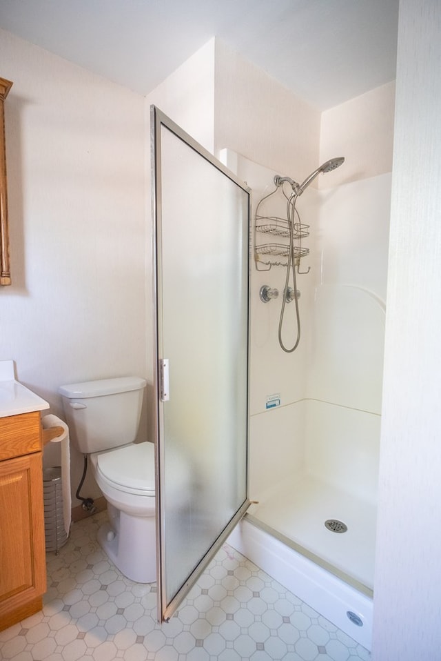 bathroom featuring vanity, an enclosed shower, and toilet