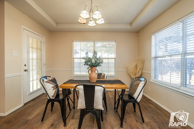 dining area with an inviting chandelier, plenty of natural light, and a raised ceiling