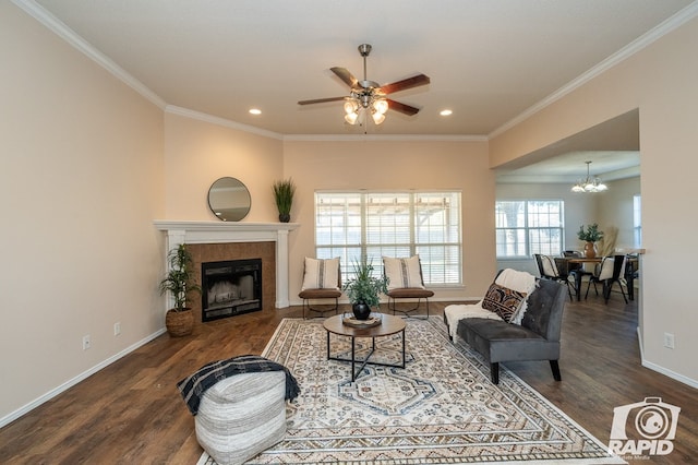 living room with dark wood-type flooring, ornamental molding, and ceiling fan with notable chandelier