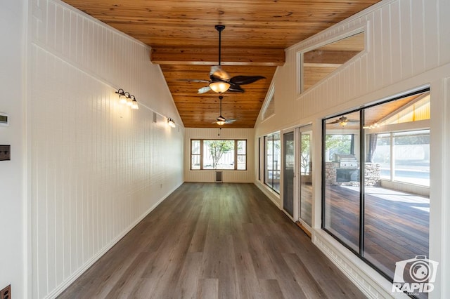 hallway featuring wood ceiling, dark hardwood / wood-style floors, and vaulted ceiling