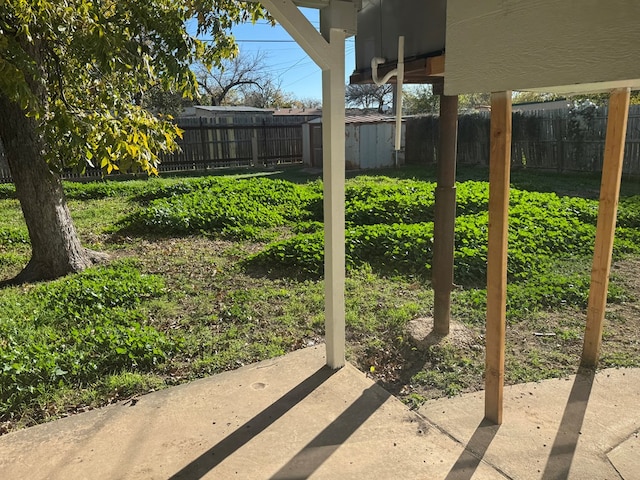 view of yard featuring a patio area and a storage unit