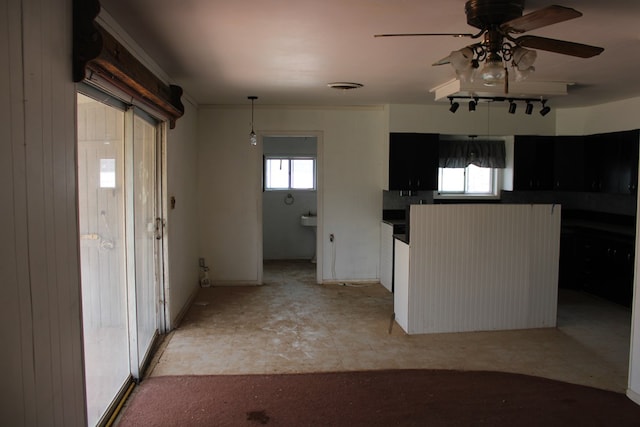 kitchen featuring track lighting and ceiling fan