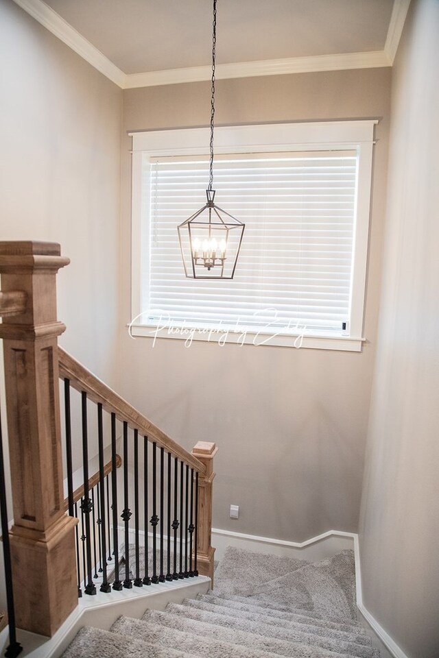 stairway with crown molding, a chandelier, and carpet flooring