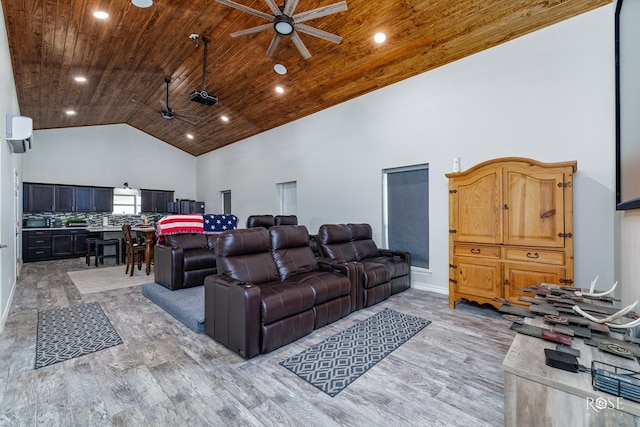 cinema featuring high vaulted ceiling, wooden ceiling, ceiling fan, and light wood-type flooring