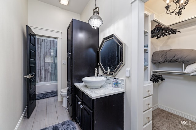 full bathroom featuring shower / tub combination, a chandelier, tile patterned flooring, vanity, and toilet