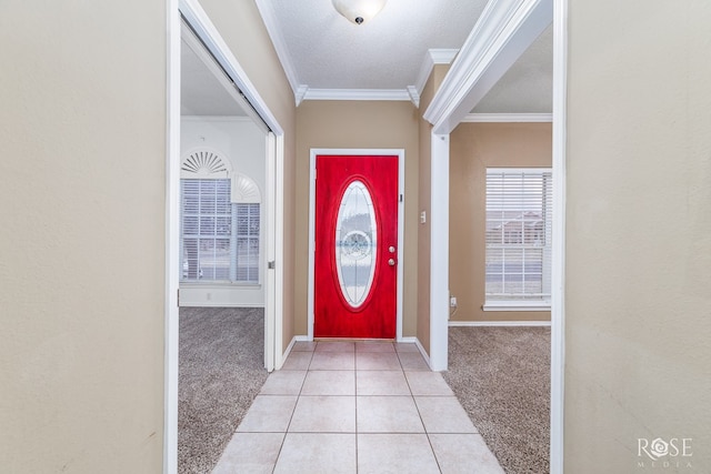 carpeted foyer featuring crown molding and a textured ceiling