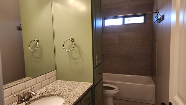 full bathroom featuring tile patterned flooring, vanity, decorative backsplash, shower / bathtub combination, and toilet